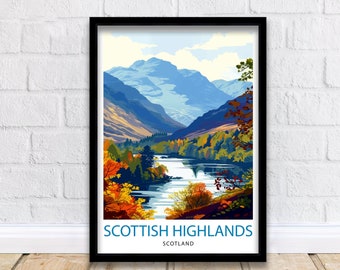 Scottish Highlands Print  Majestic Mountains Art Scotland Landscape Poster Wild Nature Wall Decor Highland Valleys Illustration Scottish