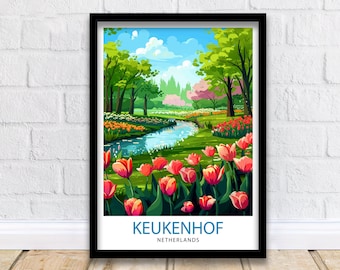 May include: A framed poster featuring a colourful illustration of a garden with a stream running through it. The garden is filled with green trees, flowers, and red tulips. The text "KEUKENHOF NETHERLANDS" is at the bottom of the poster.