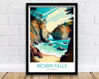 McWay Falls Travel Print| California Coastal Wall Decor McWay Falls Illustration California Travel Poster McWay Falls Gift