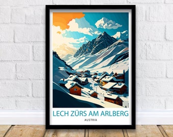 Lech Zurs am Arlberg Austria Travel Print  Skiing Wall Decor Alpine Home Living Decor Austria Illustration Travel Poster Gift for Ski Lovers