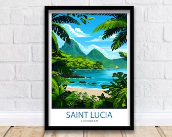 St Lucia Caribbean Travel Poster Exotic Island Paradise Art Pitons View Print  Lush Rainforest Wall Decor Vibrant Beach Escape Illustration
