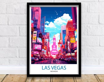 May include: A colorful illustration of a city street scene with tall buildings and neon signs. The text "LAS VEGAS" and "NEVADA" is at the bottom of the image.