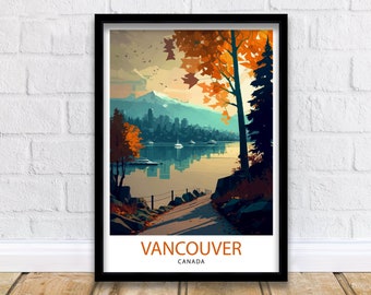 Poster di viaggio con paesaggio urbano di Vancouver, stampa artistica del Canada