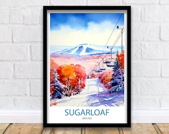 Impresión de la estación de esquí Sugarloaf, Maine - Arte mural de esquí de Maine - Decoración de la montaña Sugarloaf - Póster de esquí - Arte paisajístico invernal - Regalo para amantes del esquí
