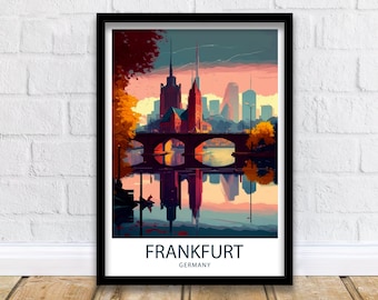 May include: A colorful illustration of the Frankfurt skyline with a bridge and a river reflecting the city. The text "FRANKFURT GERMANY" is at the bottom of the image.