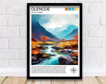 Impresión de viaje de Glencoe, Escocia. Arte mural de Glencoe. Impresión de paisaje de Glencoe, Escocia. Póster de viaje de Escocia. Impresión de las Tierras Altas de Escocia.