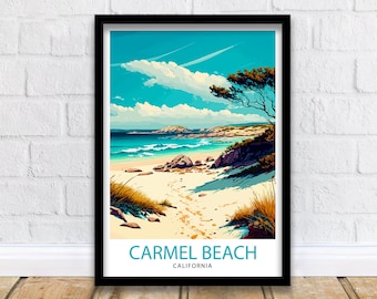 May include: A vintage travel poster design featuring a scenic view of Carmel Beach in California. The poster has a blue sky with white clouds, a sandy beach with footprints, and a green tree in the foreground. The text "Carmel Beach, California" is at the bottom of the poster.