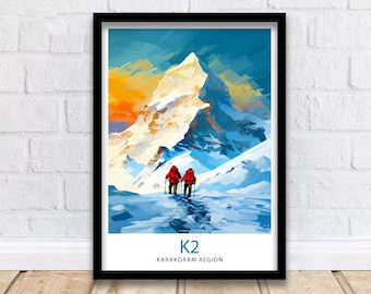 K2 Mountain Print Karakoram Range Artwork Climbers K2 Poster