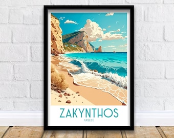 Zakynthos Greece Travel Poster: Beach & Cliffs Art Print