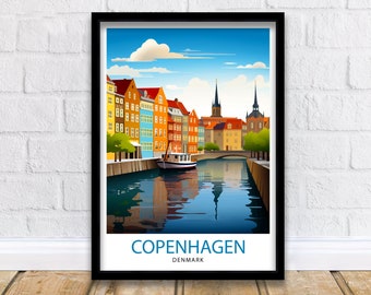 May include: A colorful illustration of Copenhagen, Denmark, featuring a canal with a boat and buildings along the waterfront. The text "Copenhagen, Denmark" is at the bottom of the image.