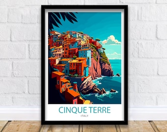 Cinque Terre Italy Travel Poster, Coastal Cliffside Art Print