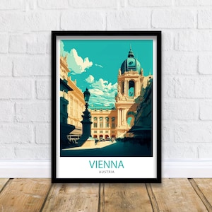 K&ouml;nnte beinhalten: Ein Vintage-Reiseposter mit einer farbenfrohen Illustration eines Geb&auml;udes in Wien, &Ouml;sterreich. Das Poster hat einen t&uuml;rkisfarbenen Hintergrund mit einem wei&szlig;en Rand und den Text "VIENNA" und "AUSTRIA" in t&uuml;rkisfarbener Schrift.