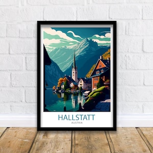 Hallstatt Austria Travel Print  Hallstatt Wall Decor Hallstatt Home Living Decor Hallstatt Illustration Travel Poster Austria Home Decor