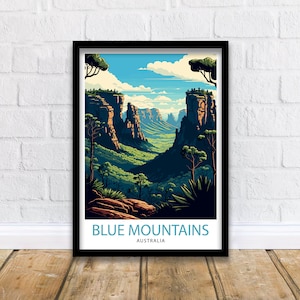 Blue Mountains Australia Travel Print  Blue Mountains Wall Art Australia Travel Poster Blue Mountains Home Decor Blue Mountains Illustration