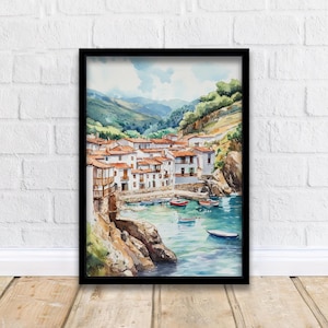 バスク地方の水彩画、スペインのアート、バスク地方のプリント、風光明媚な海辺の風景、スペイン愛好家へのギフト
