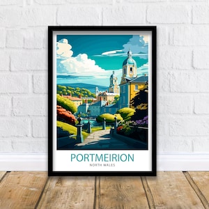 Portmeirion Wales Travel Print  Wall Decor Home Living Decor Wales Illustration Travel Poster Gift for Wales Home Decor