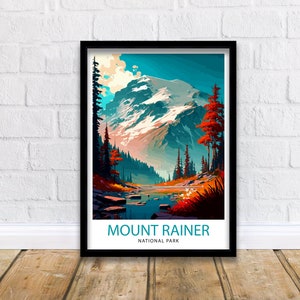 Impression de voyage Mount Rainier Washington Décoration murale Illustration du parc national du Mount Rainier, Affiche de voyage, Cadeau pour les randonneurs et les amoureux de la nature