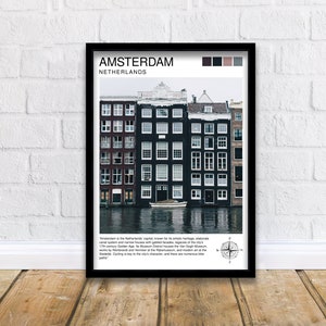 Amsterdam Travel Print  Amsterdam Wall Art Amsterdam Cityscape Netherlands Illustration Amsterdam Travel Poster Gift for Amsterdam Lovers