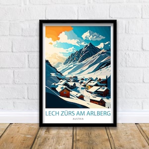 Lech Zurs am Arlberg, Austria, stampa di viaggio, decorazione da parete per la casa alpina, poster di viaggio con illustrazione austriaca, regalo per gli amanti dello sci