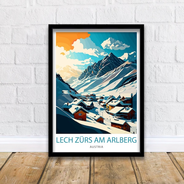 Lech Zurs am Arlberg Österreich Travel Print Skiing Wall Decor Alpine Illustration Österreich Geschenk für Skiliebhaber