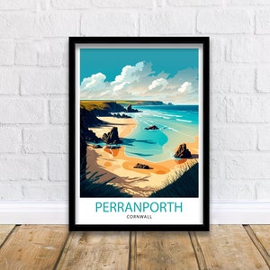 Stampa di viaggio di Perranporth, Cornovaglia, arte murale della Cornovaglia, decorazione da spiaggia di Perranporth, poster di viaggio con arte costiera della Cornovaglia, regalo per la Cornovaglia