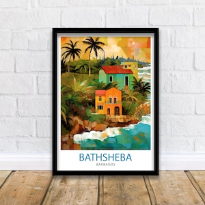 May include: A colorful illustration of a tropical scene with houses, palm trees, and a beach. The text "BATHSHEBA BARBADOS" is at the bottom of the image.
