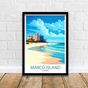 May include: A colorful illustration of a beach scene with a tall building in the background, blue sky with white clouds, and the text "MARCO ISLAND FLORIDA".