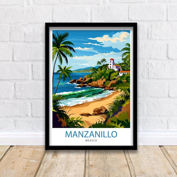 Manzanillo Mexico Travel Poster Tropical Paradise Art Mexican Beach Resort Print  Pacific Coast Wall Decor Exotic Destination Illustration