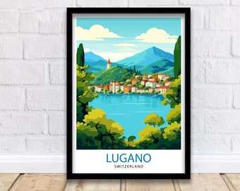 Lugano Switzerland Print  Lake Lugano Art Swiss Cityscape Poster Ticino Region Wall Decor Alpine Lake Illustration Swiss-Italian Charm