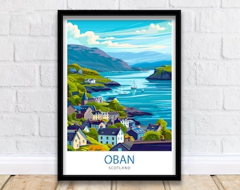 May include: A colourful illustration of the town of Oban, Scotland. The image shows a view of the town from the water, with colourful houses and a green hillside in the background. The text "OBAN SCOTLAND" is at the bottom of the image.