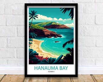 Impresión de viaje de la bahía de Hanauma, decoración de pared de Hawái, decoración del hogar de la bahía de Hanauma, ilustración de Hawái, póster de viaje, regalo para la decoración del hogar de Hawái