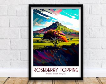 May include: A colorful illustration of Roseberry Topping, a hill in the North York Moors, with a vibrant green field and a single tree in the foreground. The text "Roseberry Topping" and "North York Moors" is printed below the image.