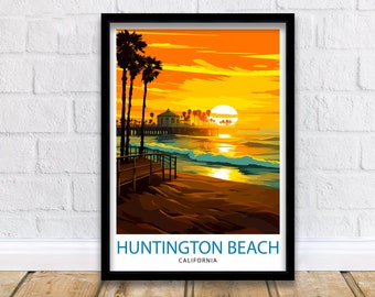 Huntington Beach California Travel Print| Surf City Wall Decor Coastal Living Room Decor Huntington Beach Illustration Travel Poster Gift