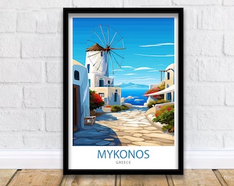 Mykonos Greece Travel Print  Mykonos Wall Decor Mykonos Island Poster Greece Travel Prints Mykonos Art Print Mykonos Illustration