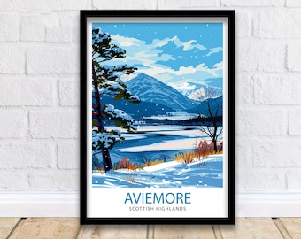 May include: A framed illustration of a snowy mountain landscape with a river winding through it. The text "AVIEMORE SCOTTISH HIGHLANDS" is at the bottom of the image.