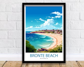 May include: A colorful illustration of Bronte Beach in Australia. The image shows a curved beach with blue water, white sand, and a small town in the background. The sky is blue with white clouds. The text "Bronte Beach, Australia" is at the bottom of the image.