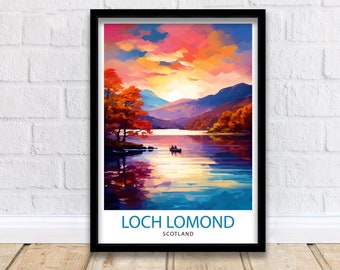 May include: A painting of a lake scene with a couple in a boat on the water. The lake is surrounded by mountains and trees. The sky is a vibrant pink and orange with clouds. The text "LOCH LOMOND SCOTLAND" is at the bottom of the painting.
