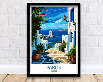 May include: A colorful illustration of a narrow, cobblestone street in Paros, Greece. Whitewashed buildings line the street, with vibrant flowers and greenery in pots. The street leads to a view of the blue Aegean Sea and a white church with a bell tower.