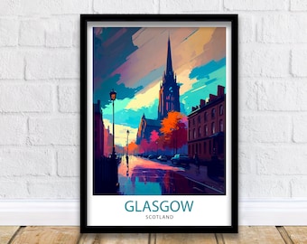 May include: A colorful illustration of a street scene in Glasgow, Scotland. The image features a tall church building with a spire, streetlights, and buildings on either side of the street. The sky is a vibrant blue with pink and purple clouds. The text "GLASGOW SCOTLAND" is at the bottom of the image.