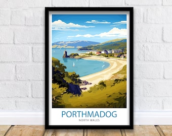 May include: A vintage travel poster design featuring a scenic view of Porthmadog, North Wales. The poster depicts a bay with a sandy beach, a small town, and a rocky island with a tower. The sky is blue with white clouds. The text "PORTHMADOG NORTH WALES" is printed at the bottom of the poster.
