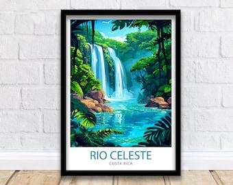 Rio Celeste Costa Rica print tropische waterval kunst regenwoud paradijs poster natuurwonder muur decor turquoise rivier illustratie exotisch