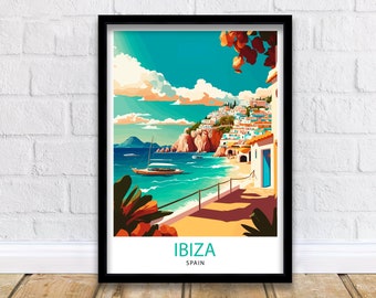 May include: A colourful illustration of a white-washed town on a cliff overlooking a turquoise sea. The text "IBIZA SPAIN" is at the bottom of the image.