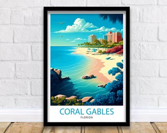 Impresión de viaje a Coral Gables, Florida/Decoración de pared de Coral Gables Decoración del hogar de Coral Gables Póster de viaje con ilustración de Coral Gables