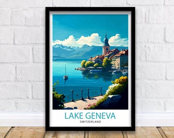 Lake Geneva Switzerland Travel Print  Lake Geneva Wall Art Switzerland Travel Poster Lake Geneva Home Decor Lake Geneva Illustration