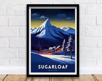 Impresión de la estación de esquí Sugarloaf, Maine, arte mural de esquí de Maine, decoración de la montaña Sugarloaf, póster de esquí, arte de paisaje invernal, regalo para amantes del esquí