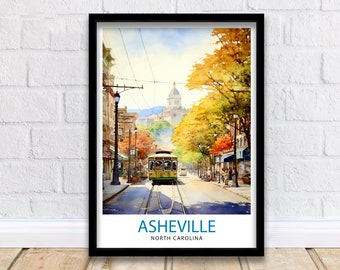 Cartaz de viagem de Asheville, Carolina do Norte, Blue Ridge Mountains, arte, charme sulista, impressão | Decoração de parede com cenário dos Apalaches
