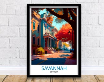 Puede incluir: Una ilustración colorida de una escena callejera en Savannah, Georgia. La imagen presenta una fila de edificios históricos de ladrillo con un gran árbol con hojas rojas en primer plano. El texto "SAVANNAH GEORGIA" está en la parte inferior de la imagen.