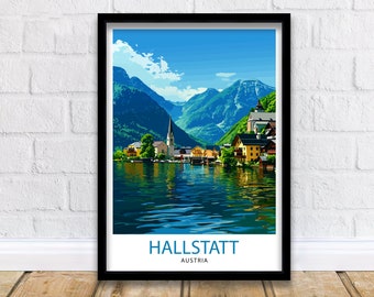Resetryck med Hallstatt Österrike, väggdekoration med Hallstatt, heminredning med Hallstatt, illustration med Hallstatt, reseaffisch med Österrike-motiv, heminredning med Österrike-motiv