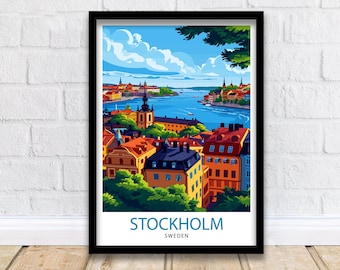 May include: A colorful illustration of Stockholm, Sweden. The image shows a cityscape with buildings, a body of water, and a blue sky with white clouds. The text "STOCKHOLM" and "SWEDEN" is at the bottom of the image.