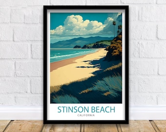 Stinson Beach California Travel Print| Wall Decor Home Living Decor  Illustration Travel Poster Gift for Stinson Beach California Home Decor